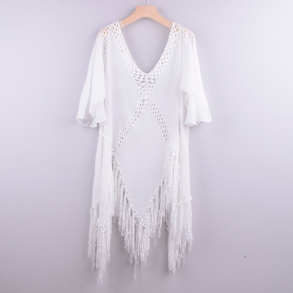 CROCHET BIKINI Backless Cover Up With Tassels Sexy V-neck Halter Beach Dress Women Summer Bathing Suit Beachwear white one size