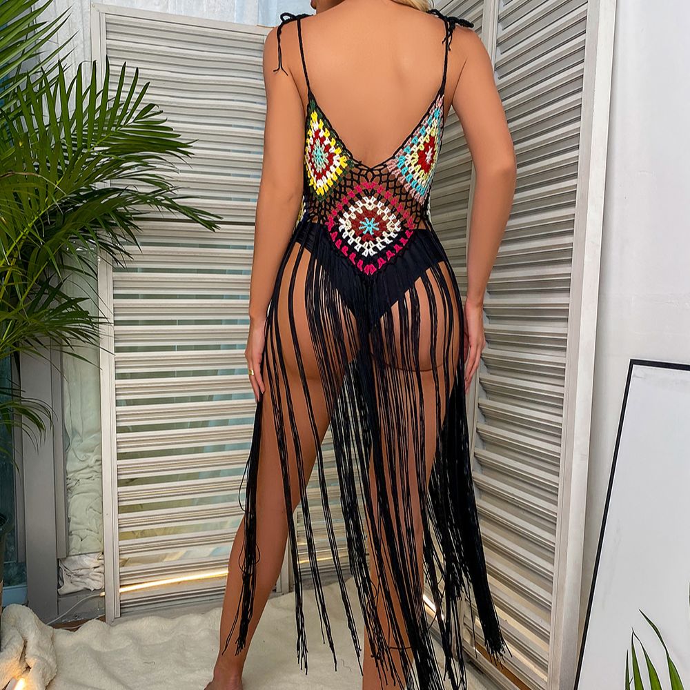 CROCHET BIKINI Boho Cover Up Sexy Hollow Fringe Hem Beach Dress - Summer Bathing Suits Beachwear Tunics Skirt