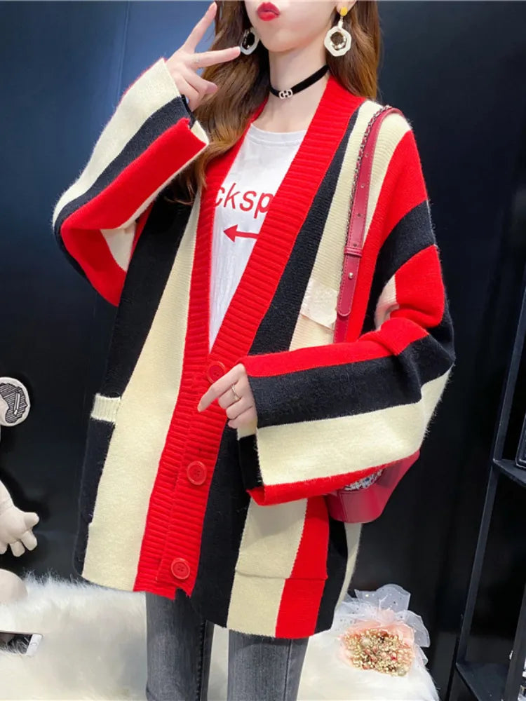 Cardigan Women 2024 Autumn Winter Loose Sweater Coat Stripe Color Matching Knitted Cardigan Long Sleeve Tops Women's Clothing Red