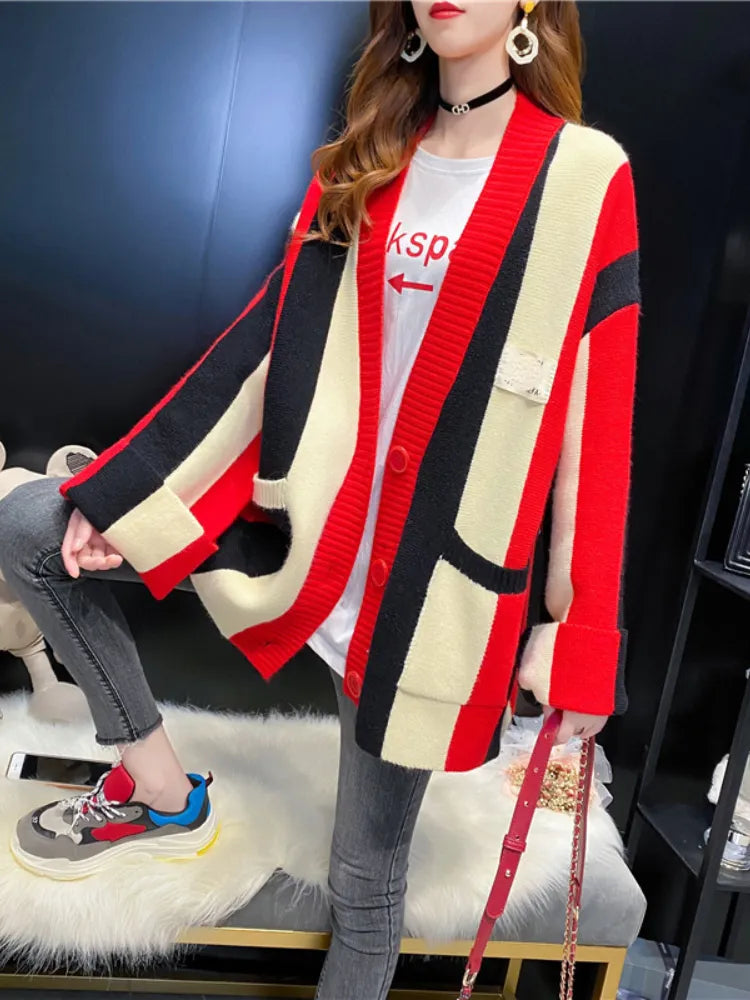 Cardigan Women 2024 Autumn Winter Loose Sweater Coat Stripe Color Matching Knitted Cardigan Long Sleeve Tops Women's Clothing