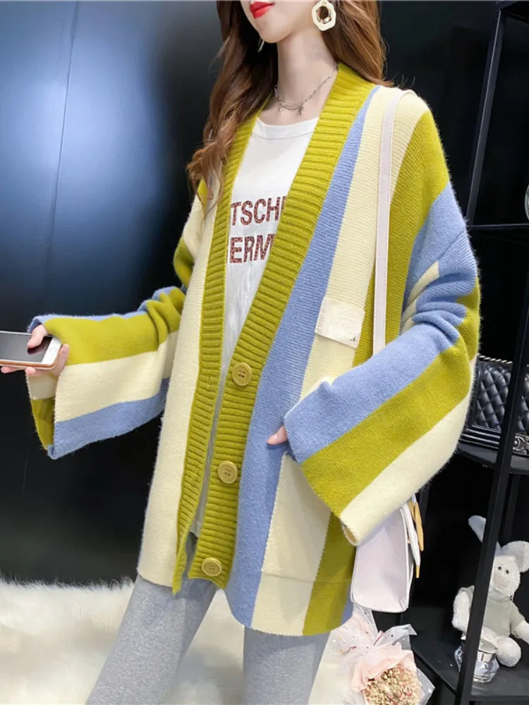 Cardigan Women 2024 Autumn Winter Loose Sweater Coat Stripe Color Matching Knitted Cardigan Long Sleeve Tops Women's Clothing Ginger