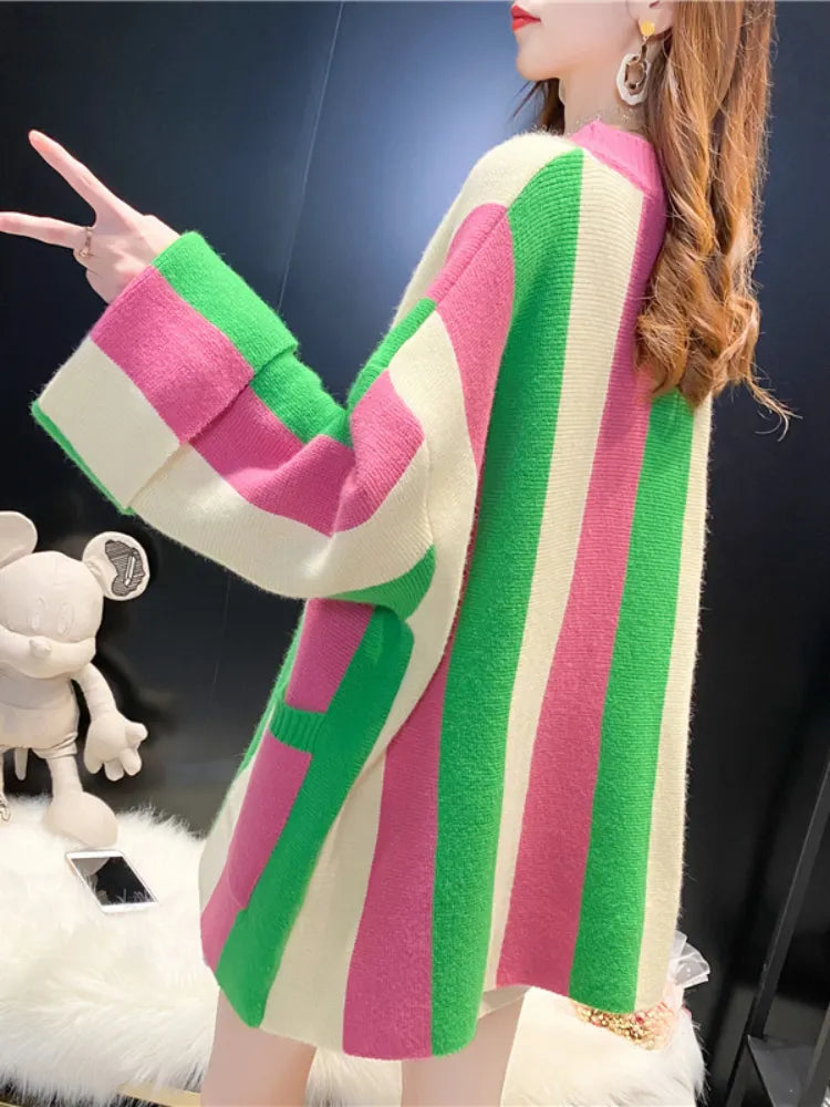Cardigan Women 2024 Autumn Winter Loose Sweater Coat Stripe Color Matching Knitted Cardigan Long Sleeve Tops Women's Clothing