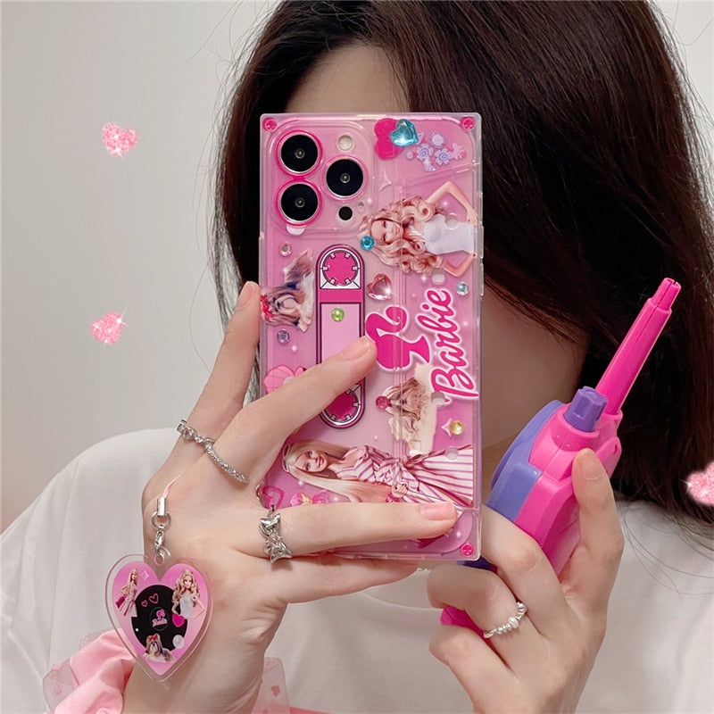 Cartoon Barbie Princess Tape Mobile Phone Case Iphone 14Promax Silicone Protective Shell Back Cover Holder Keychain Pendant Gift case with pendant