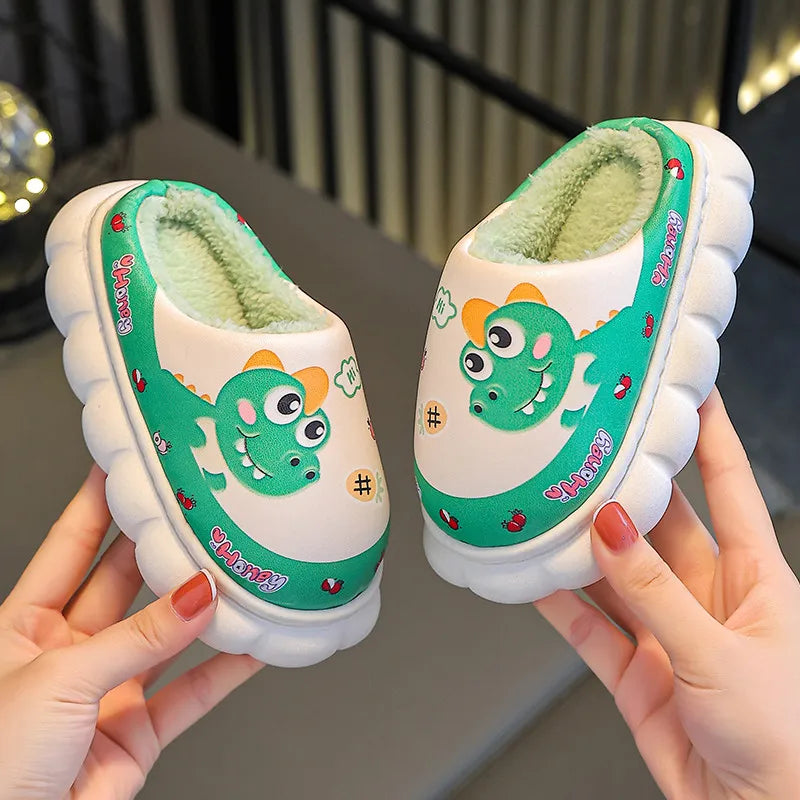 Cartoon Dinosaur Children Waterproof Plush Slippers Soft Sole Non-slip Winter Warm Baby Boys Indoor Home Cotton Shoes