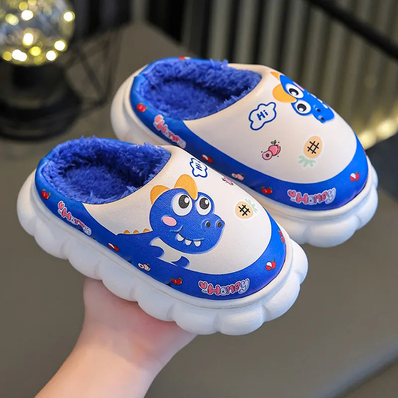 Cartoon Dinosaur Children Waterproof Plush Slippers Soft Sole Non-slip Winter Warm Baby Boys Indoor Home Cotton Shoes Blue