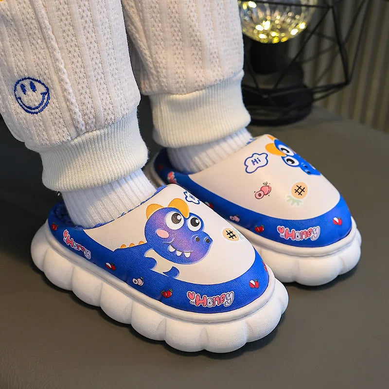 Cartoon Dinosaur Children Waterproof Plush Slippers Soft Sole Non-slip Winter Warm Baby Boys Indoor Home Cotton Shoes