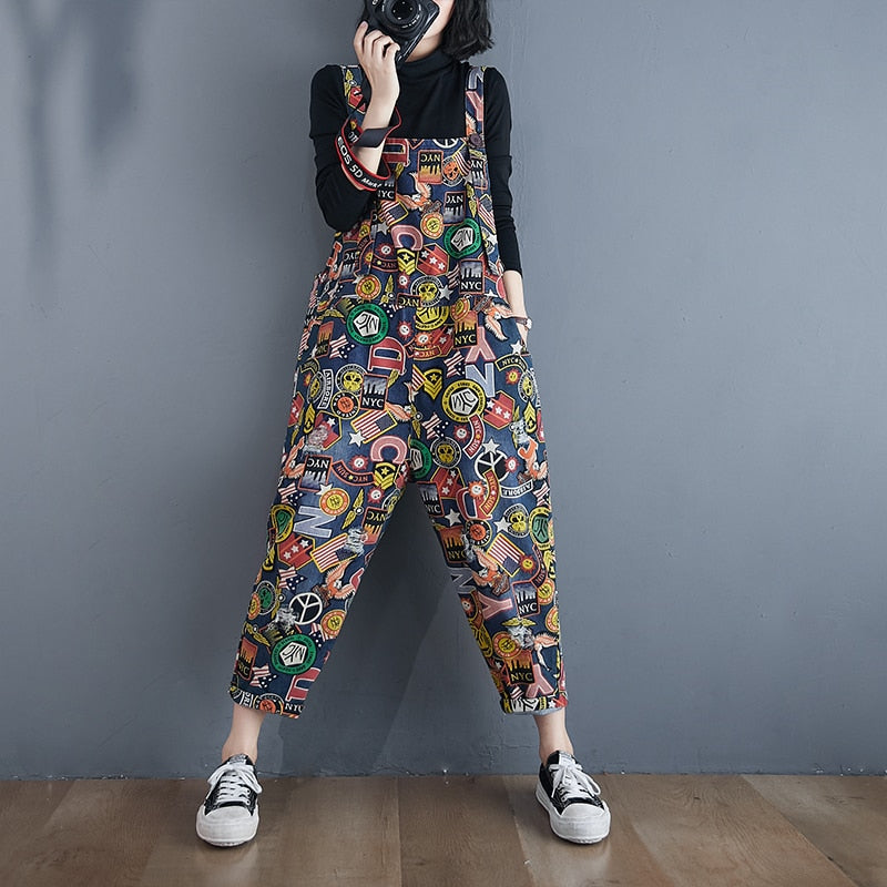 Cartoon Print Strap Jeans Casual Denim Jumpsuit Trousers Loose
