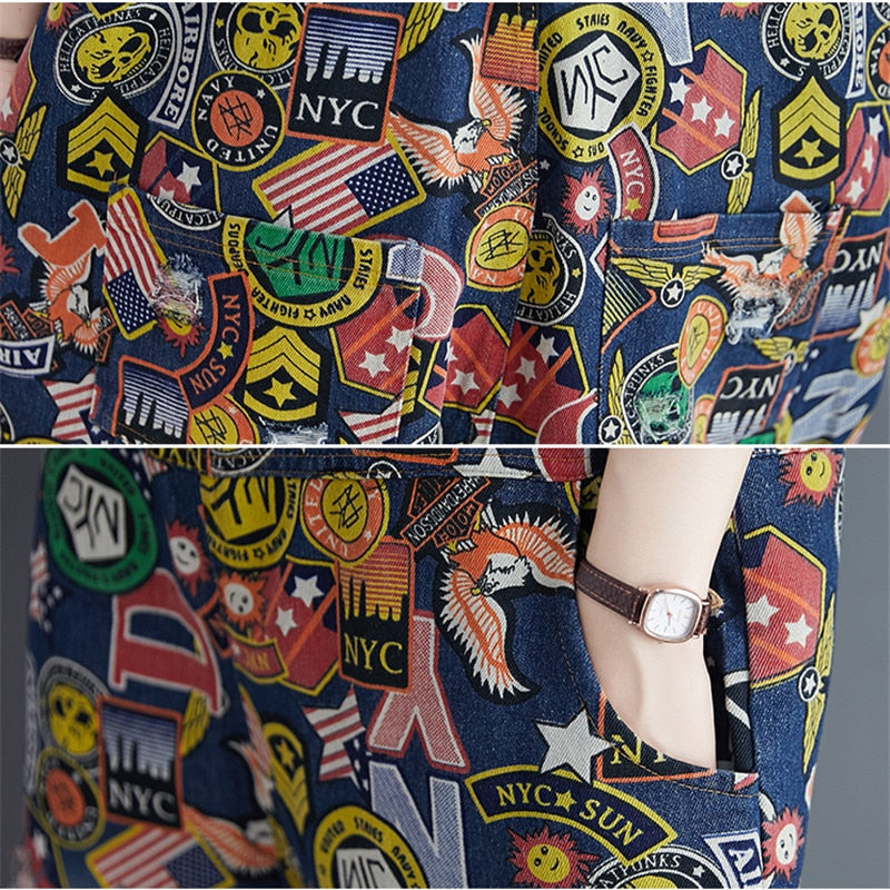Cartoon Print Strap Jeans Casual Denim Jumpsuit Trousers Loose