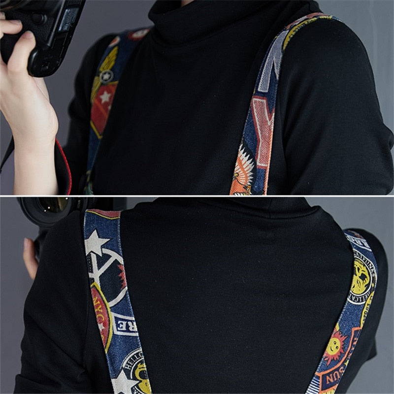 Cartoon Print Strap Jeans Casual Denim Jumpsuit Trousers Loose