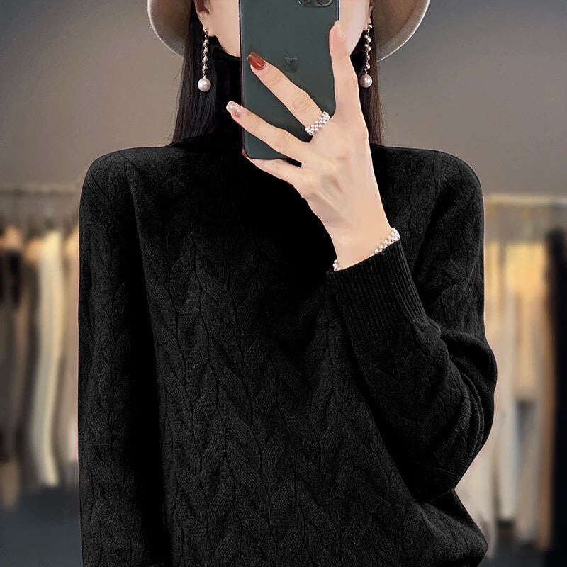 Cashmere sweater for women with 100 pure cashmere pile up collar loose fitting sweater for autumn and winter, new large high black