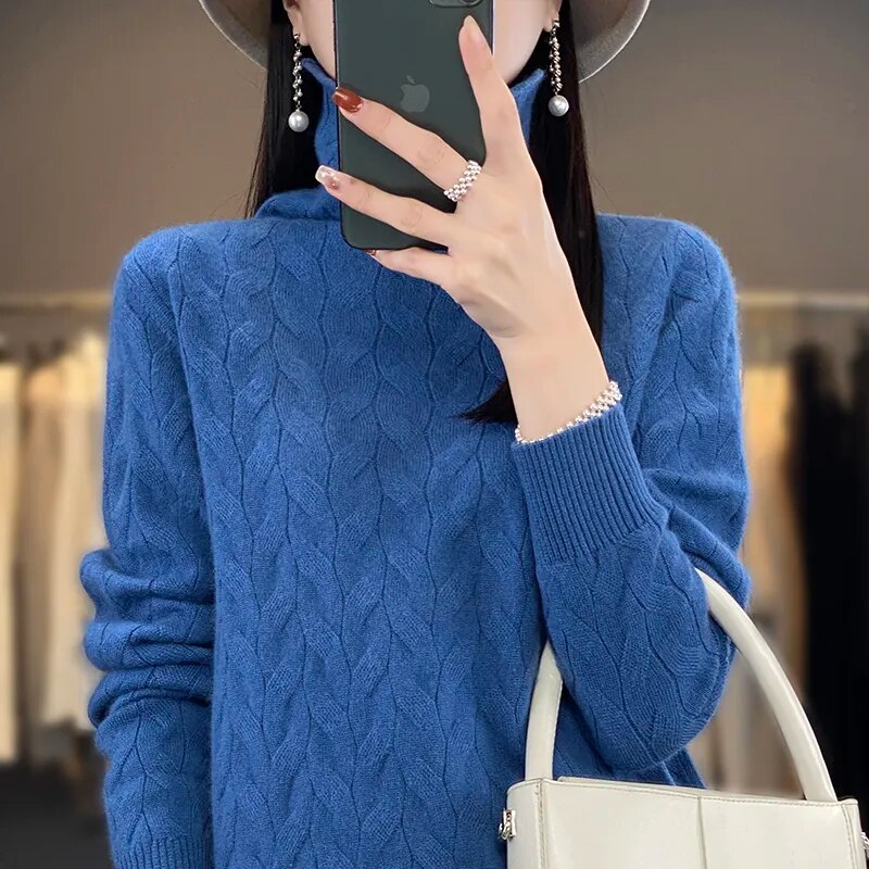Cashmere sweater for women with 100 pure cashmere pile up collar loose fitting sweater for autumn and winter, new large high Haze Blue