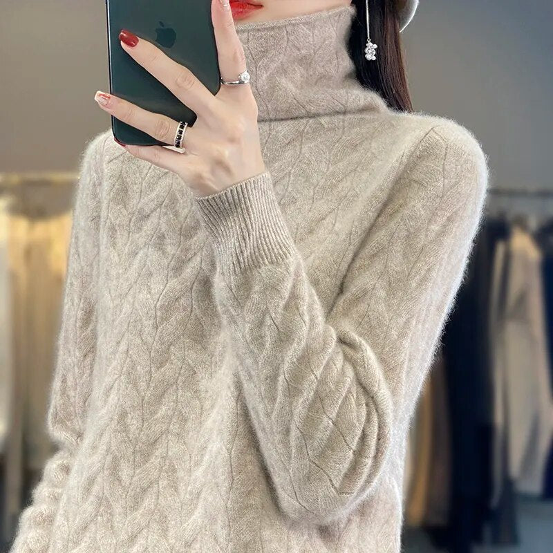 Cashmere sweater for women with 100 pure cashmere pile up collar loose fitting sweater for autumn and winter, new large high