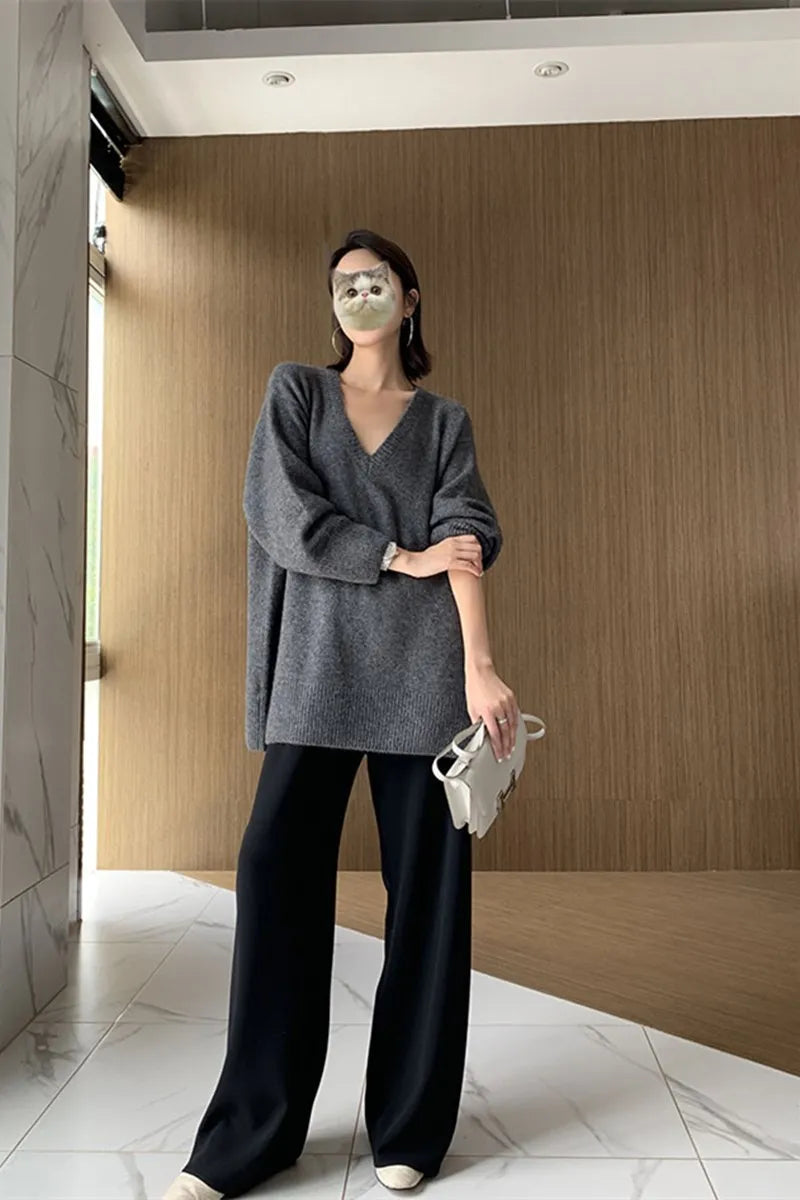 Cashmere sweater women's medium length Pullover V-neck loose thickened sweater 22 autumn winter new