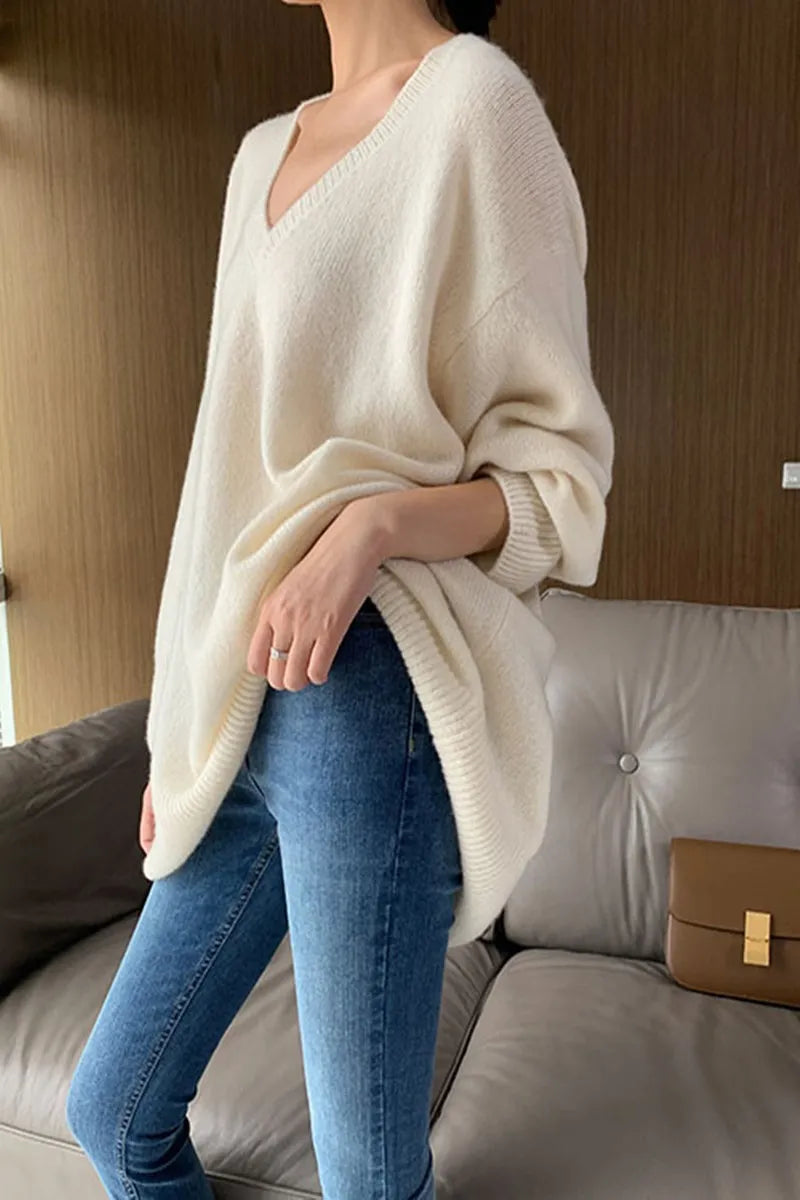 Cashmere sweater women's medium length Pullover V-neck loose thickened sweater 22 autumn winter new