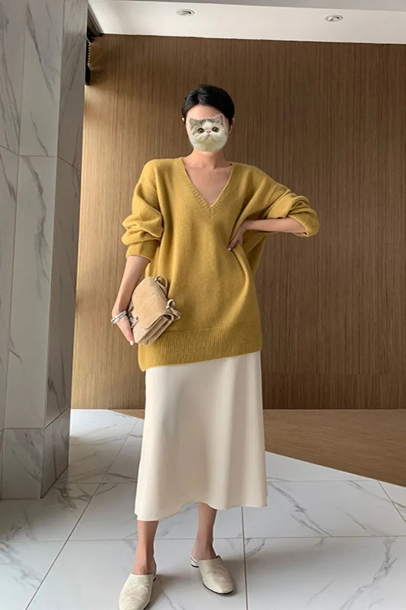 Cashmere sweater women's medium length Pullover V-neck loose thickened sweater 22 autumn winter new