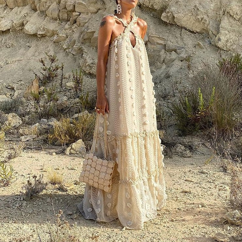 Casual Bohemian Long Boho Dress Fashion Sexy Halter Loose Beach Maxi Dress Spring SummerTassel Flower Women Pullover Party Dress