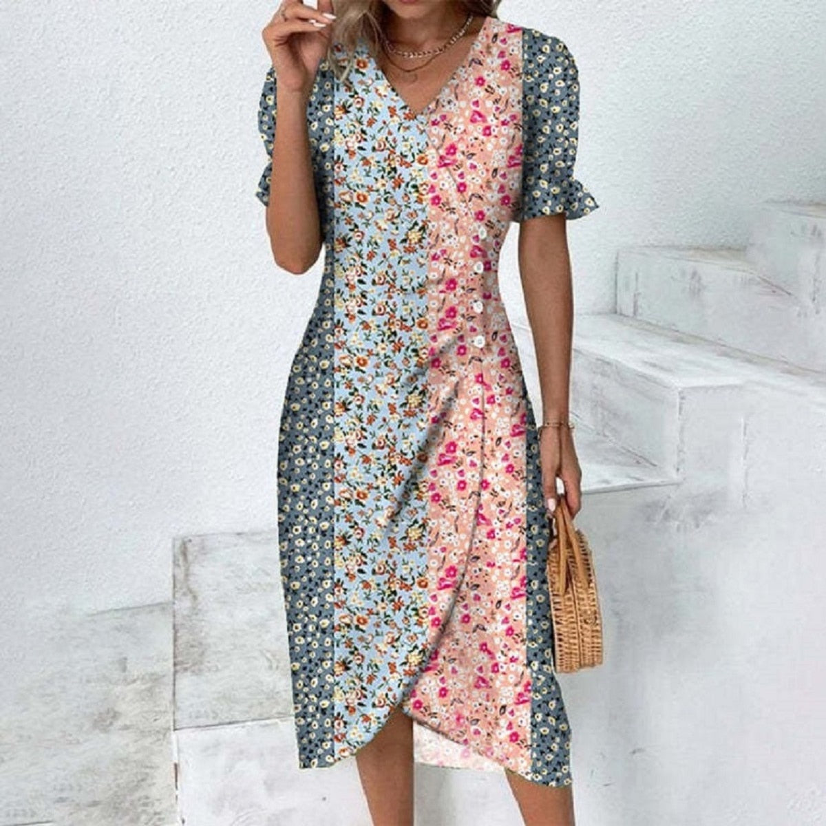 Casual Dress Flower Printing Vintage Sundress Comfortable Boho Dress Fashion Red