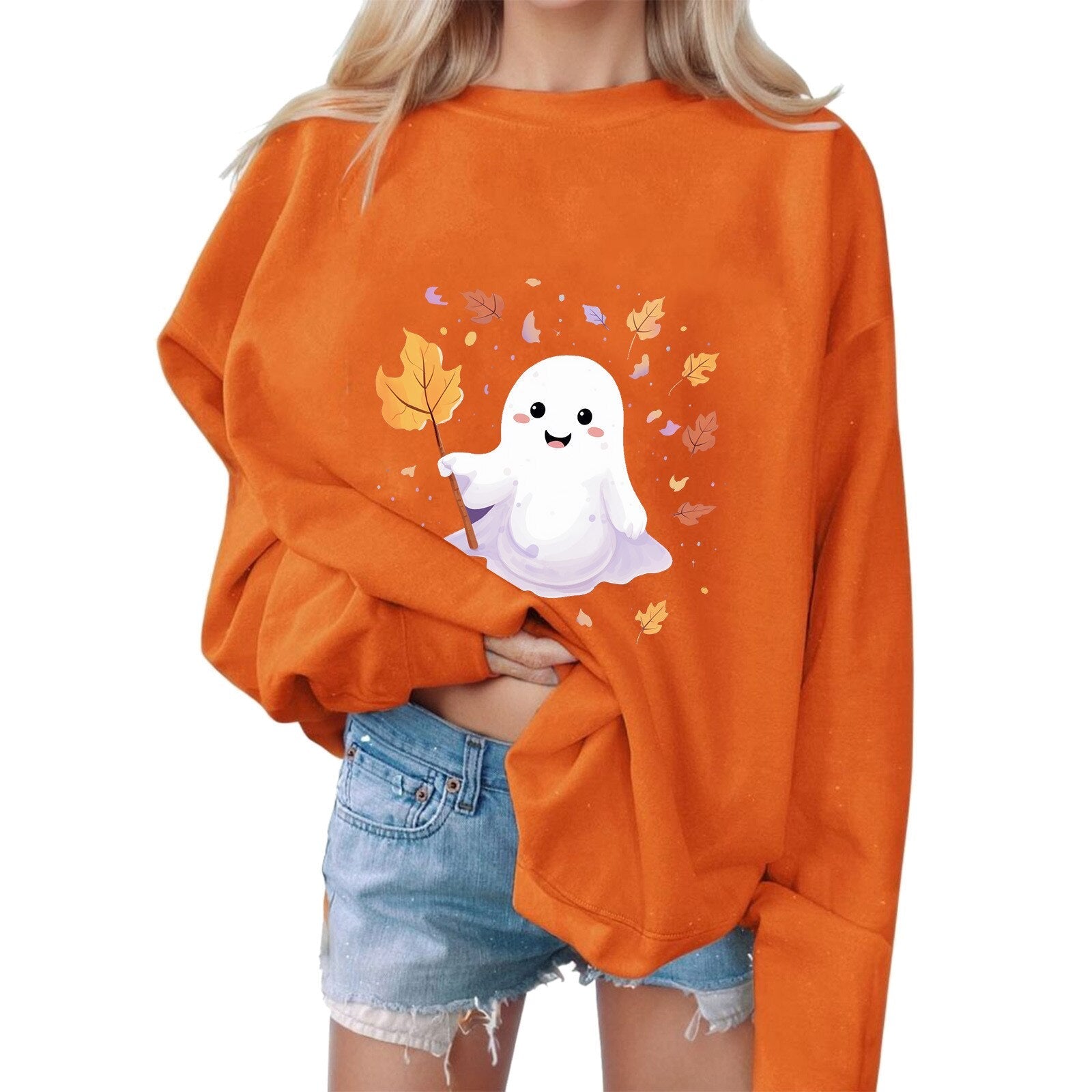 Casual Hoodless Sweatshirts Halloween Ghosts Sweatshirt Round Neck Sweater Long Sleeve Women's Sweatshirt Autumn Winter Moletom
