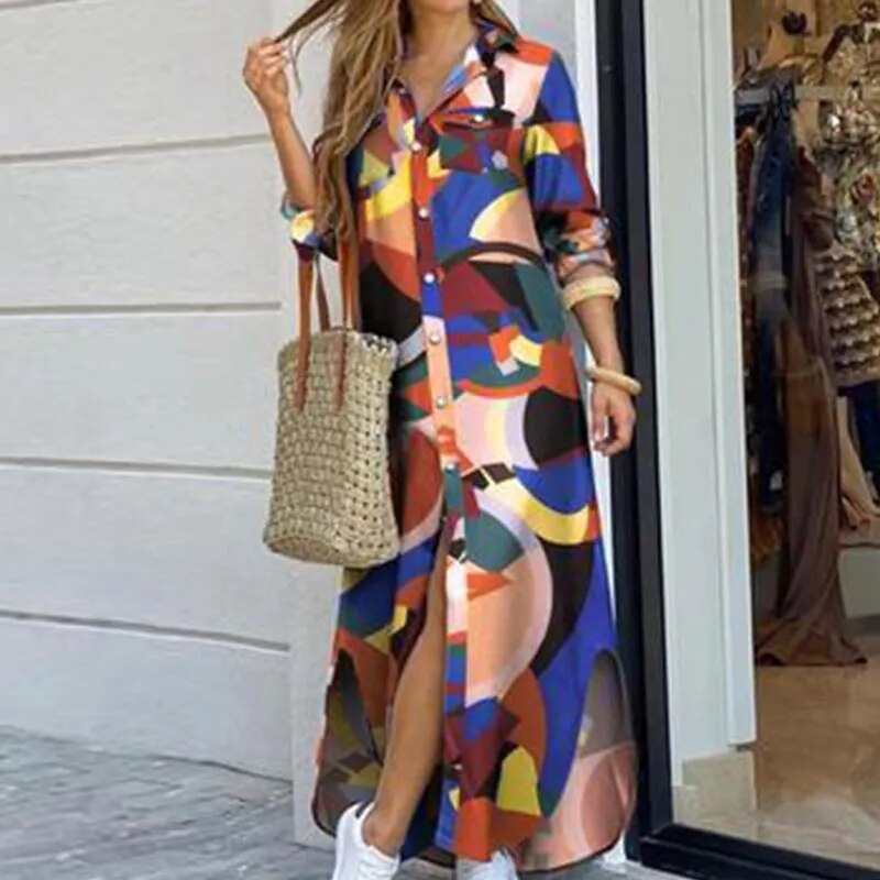 Casual Long Shirt Dress Autumn Women Long Sleeve Maxi Dresses Laides Turn-down Collar Office Dresses Loose Sundress Robe Longue multicolor