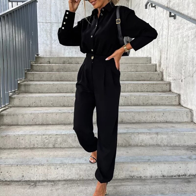 Casual Office Commuting Slim Outfits Autumn New Fashion Two Piece Sets Vintage Ladies Lapel Button Shirt with Long Pants Suits 01 Black