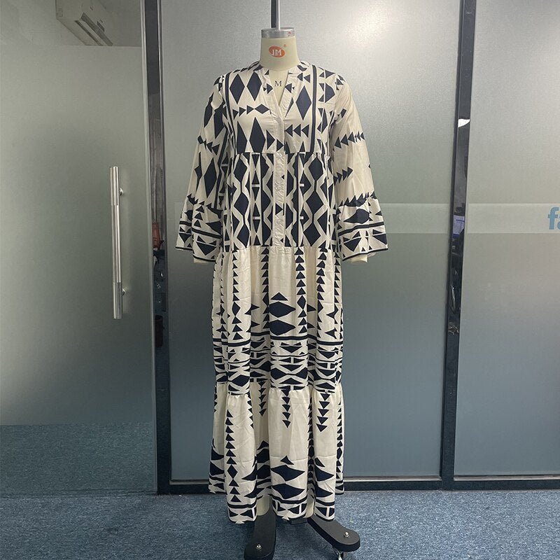 Casual Printed Long Dress Women Spring Summer Long Sleeve Pleated Dress Women's Fashion Retro Bohemian Dress