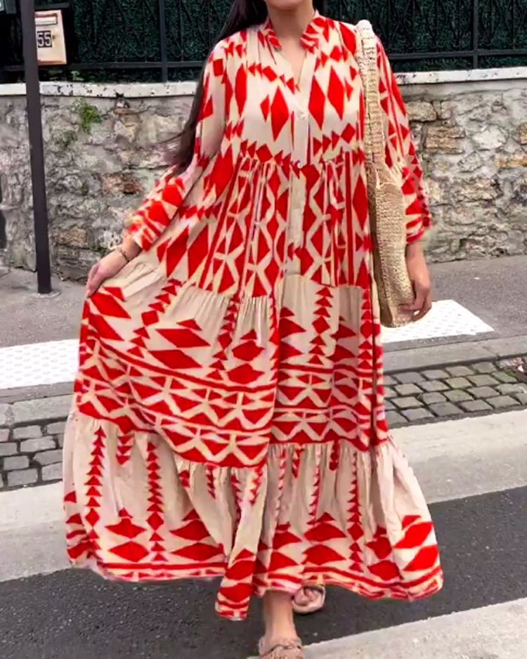 Casual Printed Long Dress Women Spring Summer Long Sleeve Pleated Dress Women's Fashion Retro Bohemian Dress Red