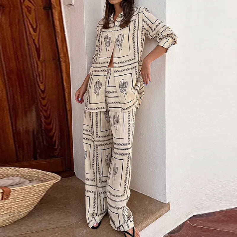 Casual Single-Breasted Top And Wide-Leg Trousers Women Lapel Shirt Versatile Two-Piece Set New Elegant Long-Sleeve Commuter Suit 01 Light Khaki