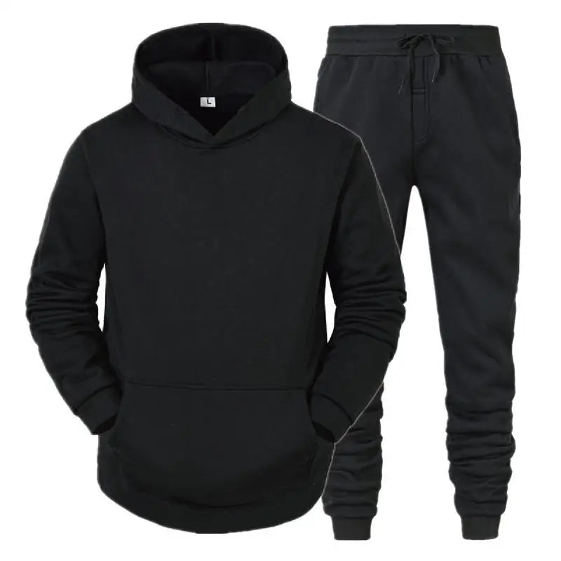 Casual Solid Color Tracksuit for Men Pullover Hooded Tops and Drawstring Pants Two Pieces Suits Fitness Jogging Sports Outfits