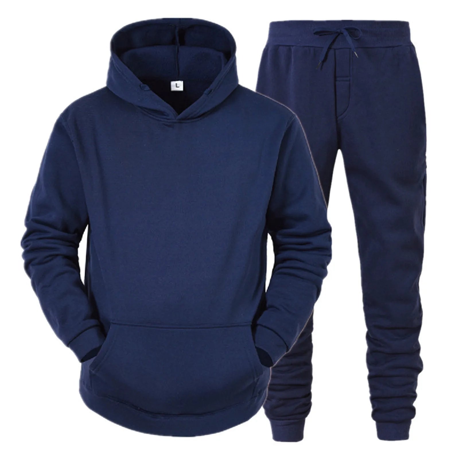 Casual Solid Color Tracksuit for Men Pullover Hooded Tops and Drawstring Pants Two Pieces Suits Fitness Jogging Sports Outfits Navy