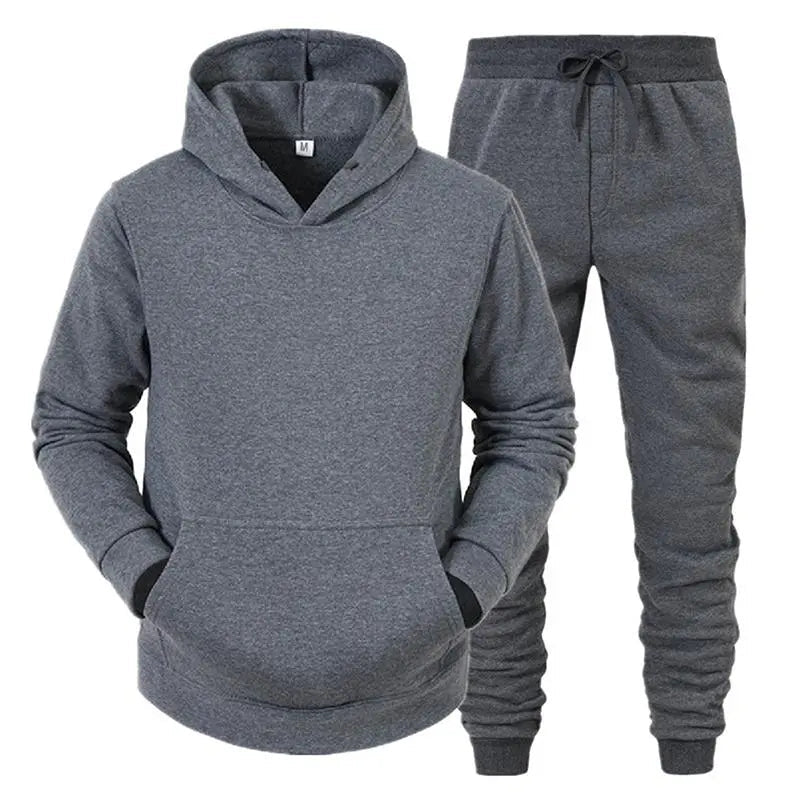 Casual Solid Color Tracksuit for Men Pullover Hooded Tops and Drawstring Pants Two Pieces Suits Fitness Jogging Sports Outfits