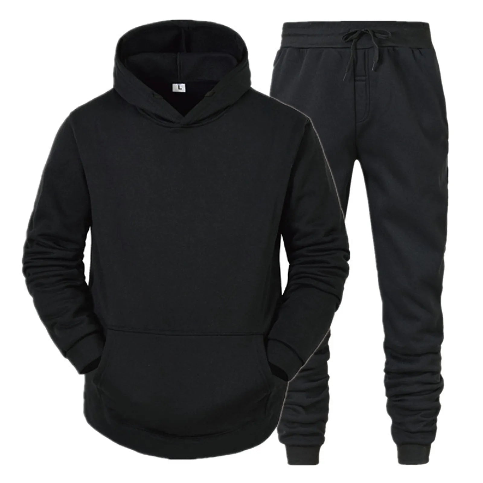 Casual Solid Color Tracksuit for Men Pullover Hooded Tops and Drawstring Pants Two Pieces Suits Fitness Jogging Sports Outfits Black