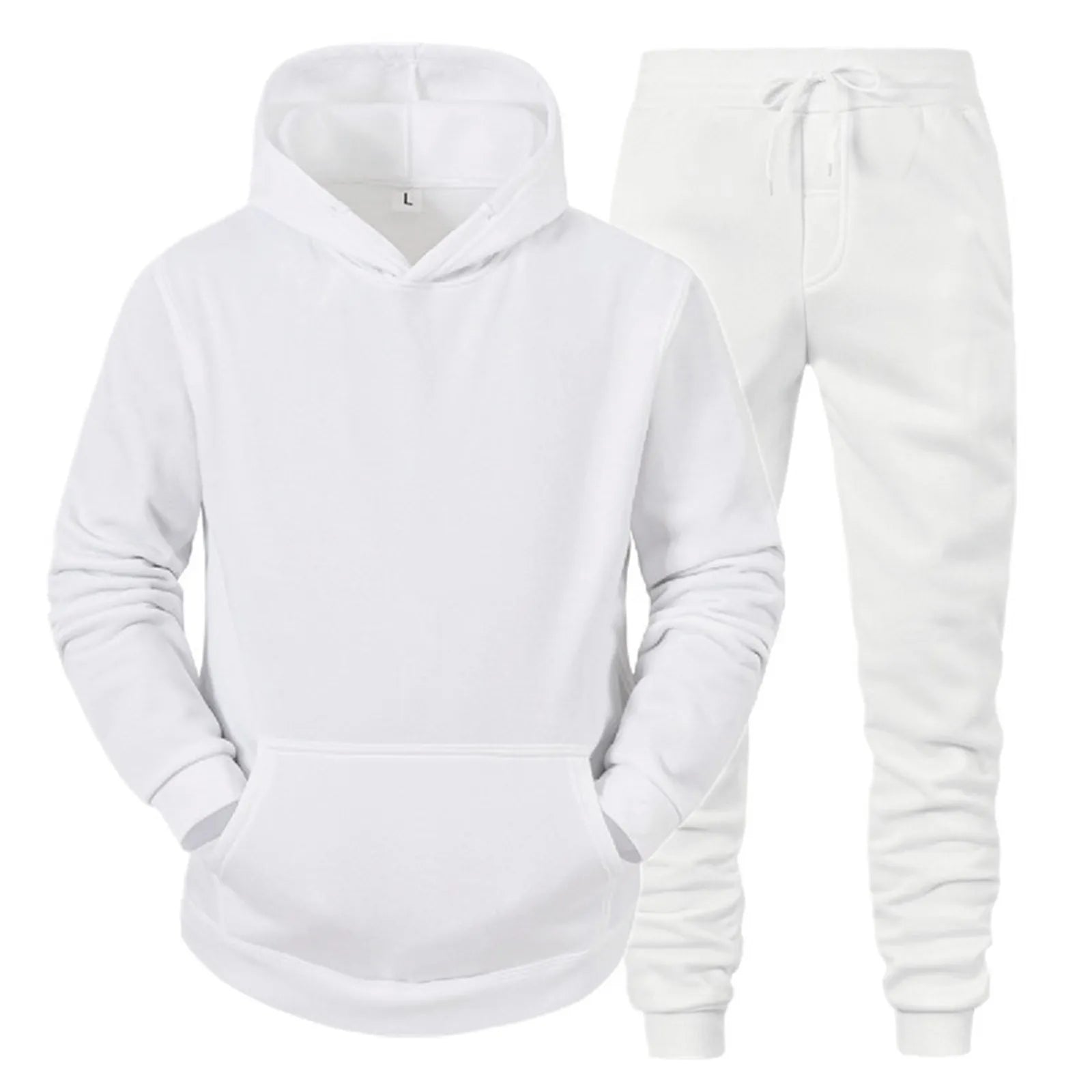 Casual Solid Color Tracksuit for Men Pullover Hooded Tops and Drawstring Pants Two Pieces Suits Fitness Jogging Sports Outfits White
