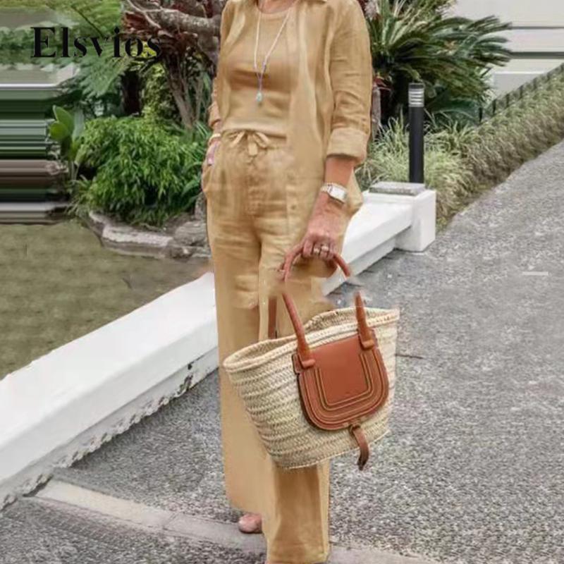 Casual Spring Summer Three Piece Set O Neck Tank Tops + Lapel Shirt + Tie-up Long Pants Outfits 2024 Women Solid Commutting Suit
