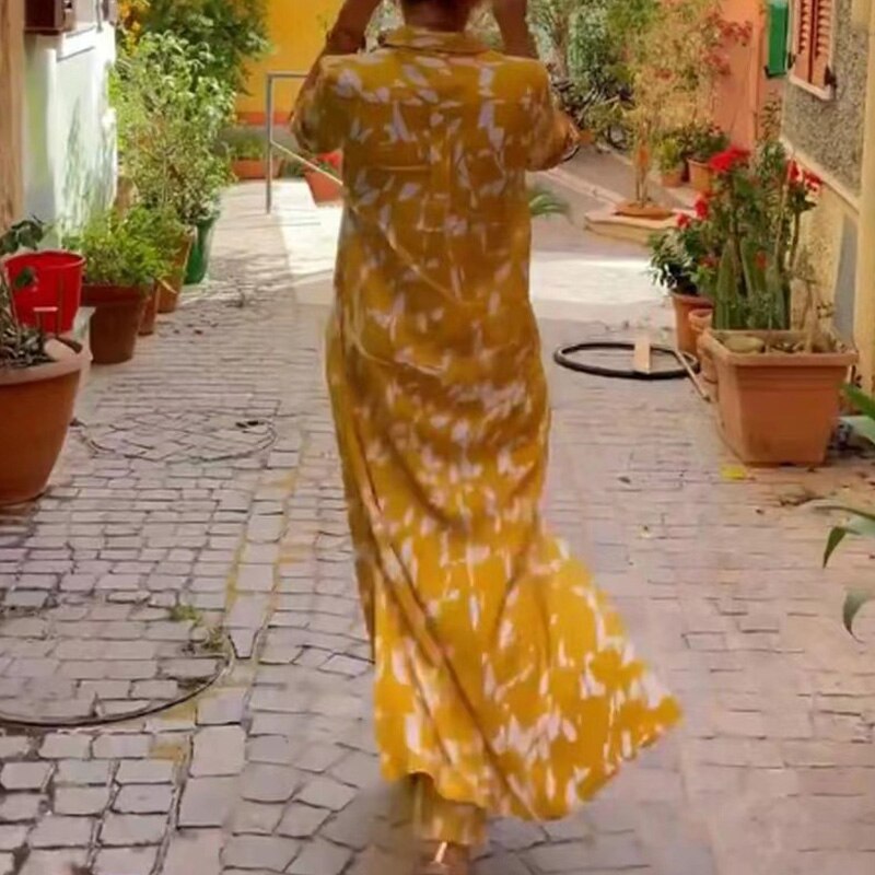 Casual Summer Women Sets Print Outfits Streetwear Lapel Long Shirt Two Piece Set Retro Single-Breasted Shirts+Trousers Suit