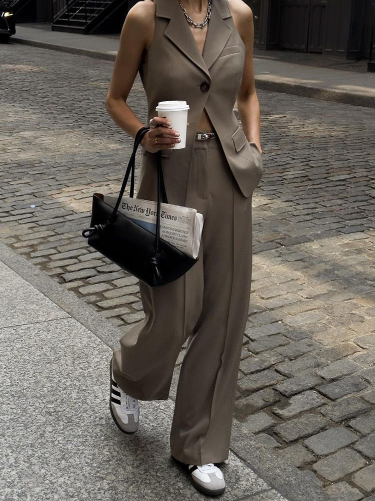 Casual Two Piece Sets For Women Notched Collar Detachable Long Sleeve Blazer High Waist straigth Trousers Solid Sets Female