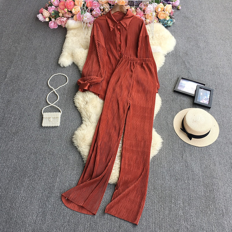 Casual Women Elegant Pleated Two Piece Set Long Sleeve Shirt And Wide Leg Pant Suits Loose Office Lady Outfits Autumn caramel color One Size
