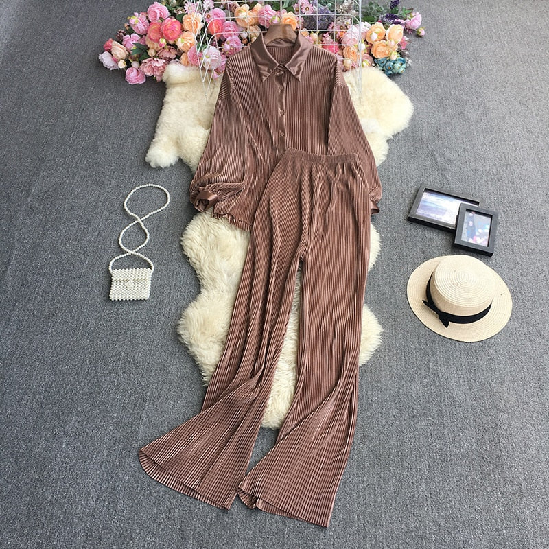 Casual Women Elegant Pleated Two Piece Set Long Sleeve Shirt And Wide Leg Pant Suits Loose Office Lady Outfits Autumn Khaki One Size