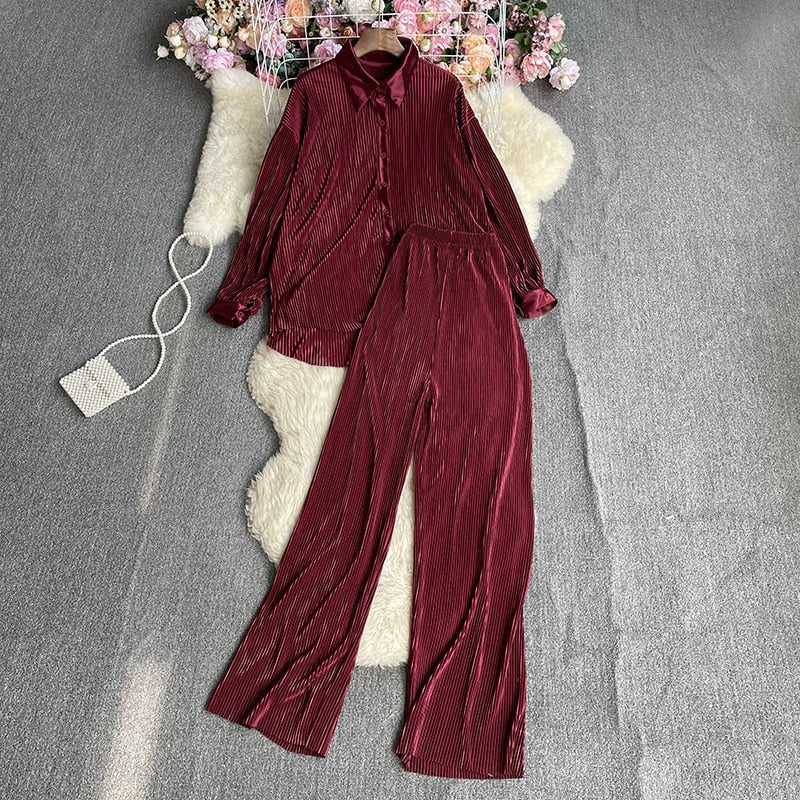Casual Women Elegant Pleated Two Piece Set Long Sleeve Shirt And Wide Leg Pant Suits Loose Office Lady Outfits Autumn Burgundy One Size