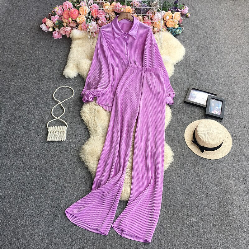 Casual Women Elegant Pleated Two Piece Set Long Sleeve Shirt And Wide Leg Pant Suits Loose Office Lady Outfits Autumn Purple One Size