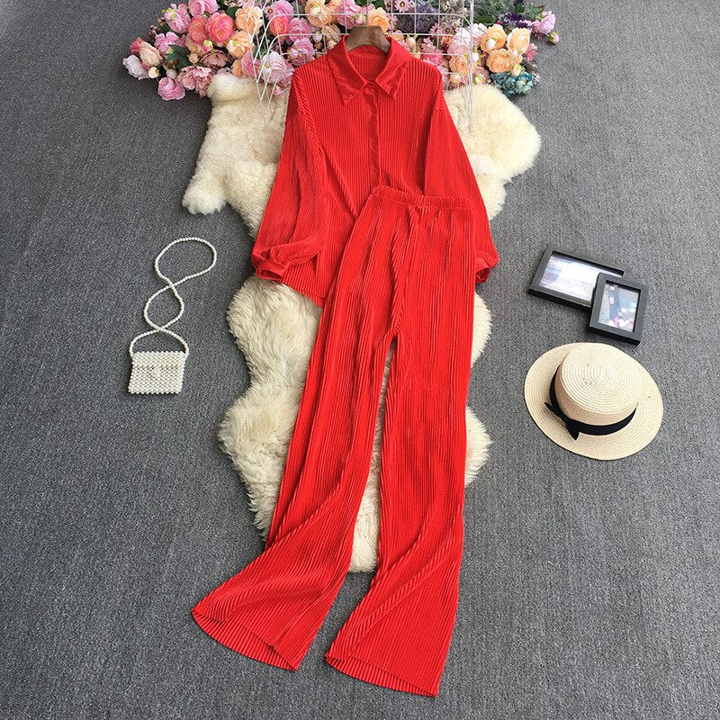 Casual Women Elegant Pleated Two Piece Set Long Sleeve Shirt And Wide Leg Pant Suits Loose Office Lady Outfits Autumn Red One Size
