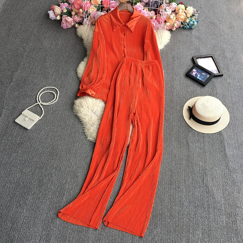 Casual Women Elegant Pleated Two Piece Set Long Sleeve Shirt And Wide Leg Pant Suits Loose Office Lady Outfits Autumn orange color One Size