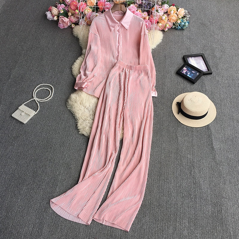 Casual Women Elegant Pleated Two Piece Set Long Sleeve Shirt And Wide Leg Pant Suits Loose Office Lady Outfits Autumn Pink One Size
