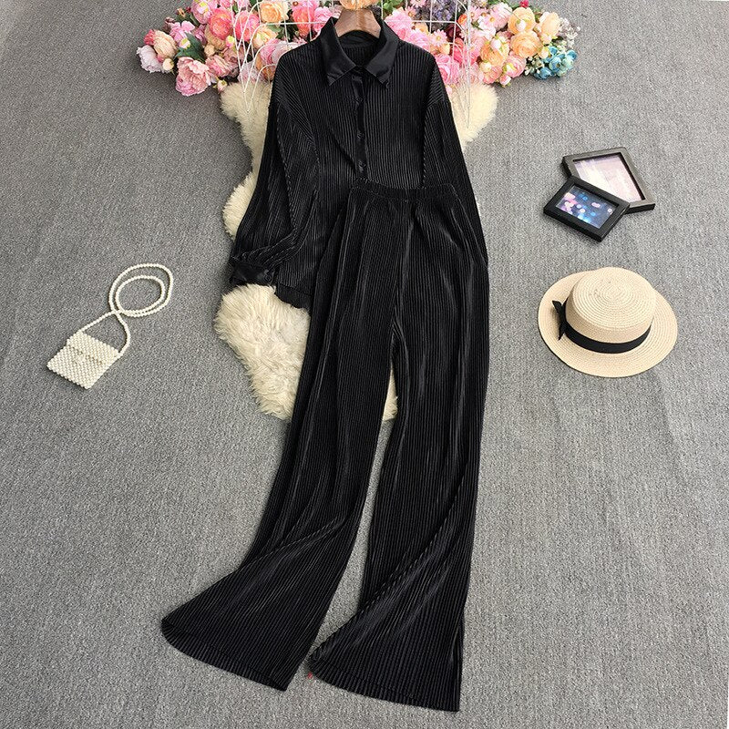 Casual Women Elegant Pleated Two Piece Set Long Sleeve Shirt And Wide Leg Pant Suits Loose Office Lady Outfits Autumn Black One Size