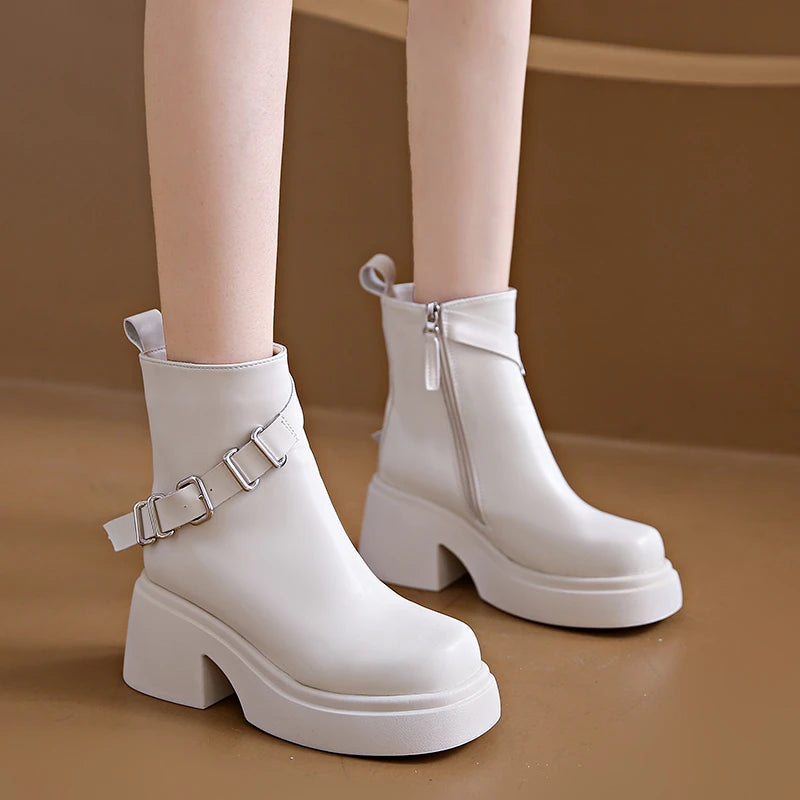 Casual and Comfortable Round Toe Winter Leather Zipper Shoes Square Heel Thick Sole Elegant Women's Boots Beige