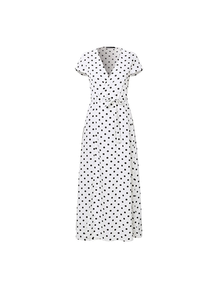 Bohemian Polka Dot Split Hem Maxi Sundress Summer Short Sleeve Long Dress Casual Vacation V-Neck Belted