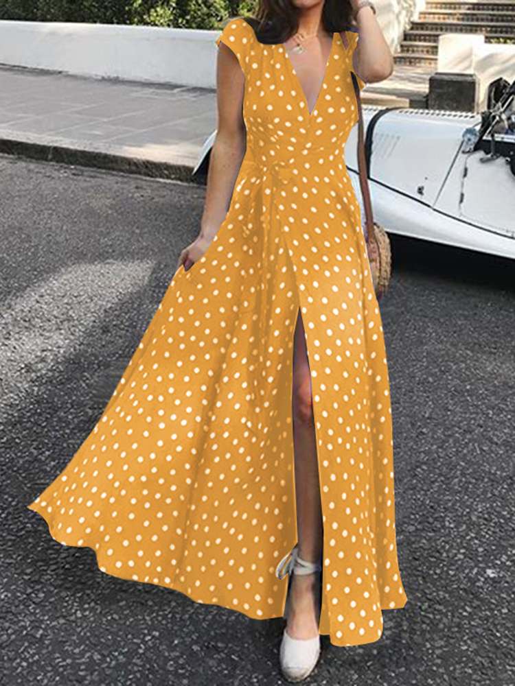 Bohemian Polka Dot Split Hem Maxi Sundress Summer Short Sleeve Long Dress Casual Vacation V-Neck Belted Yellow