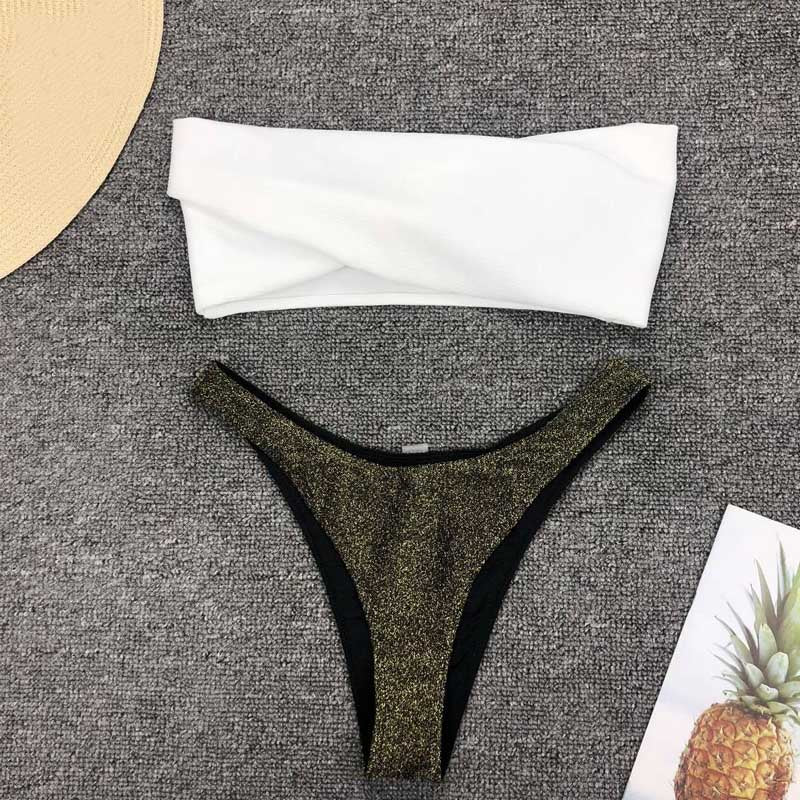 Cheeky bottom strapless gold bikinis tankini thong swimwear 3st