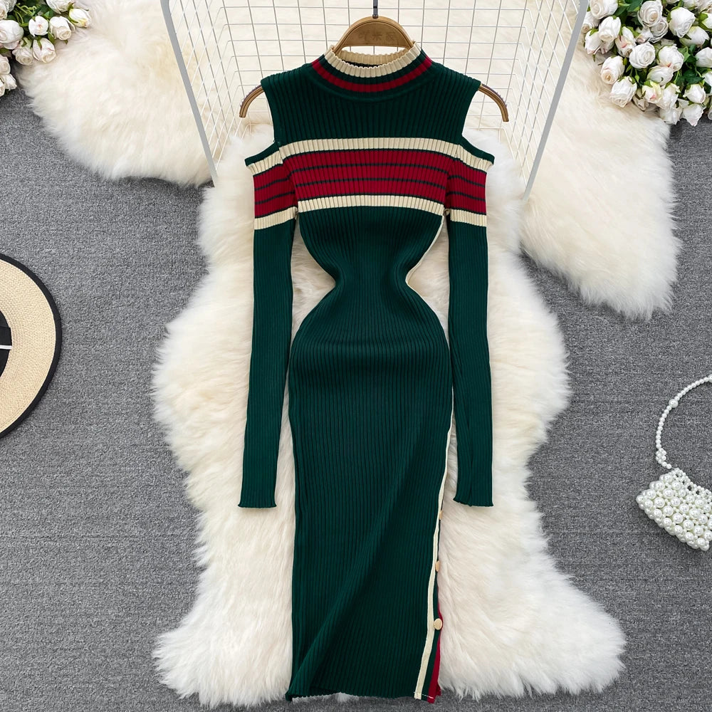 Chic Fashion Sexy Wrap Hips Split Knitted Dress Women Autumn Winter Elegant Rib Knit Bodycon Sweater Dress Lady Outfits green One Size