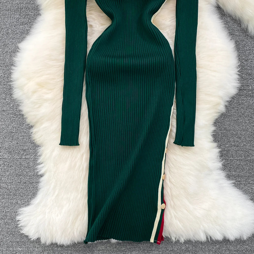 Chic Fashion Sexy Wrap Hips Split Knitted Dress Women Autumn Winter Elegant Rib Knit Bodycon Sweater Dress Lady Outfits