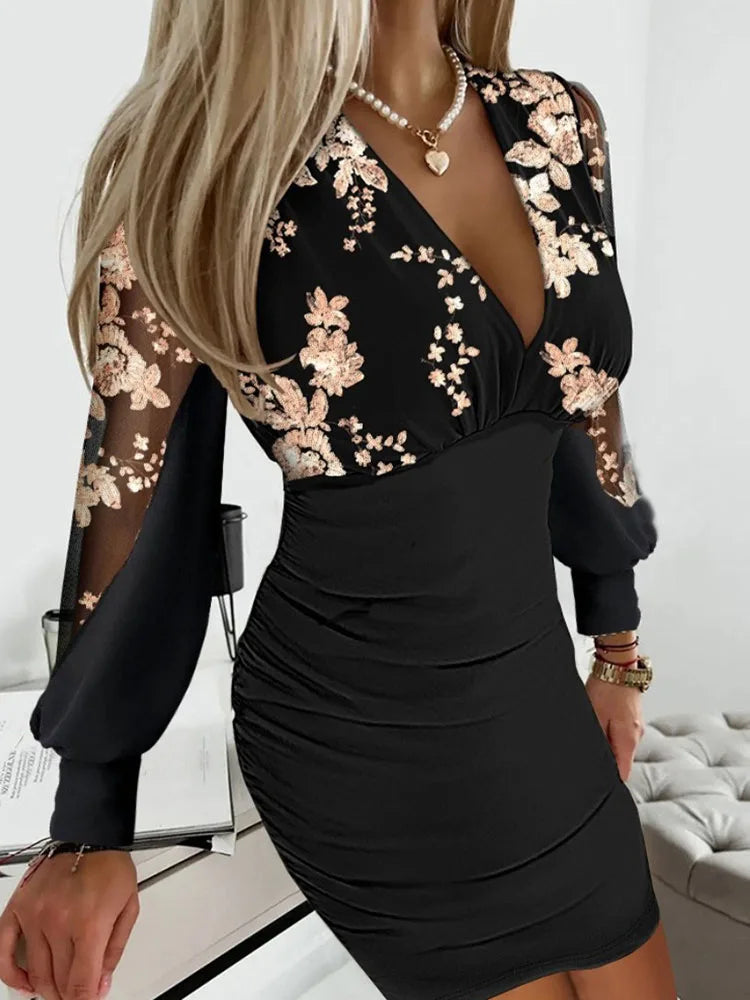 Chic Office Lady Slim Mini Solid Dress V Neck Patchwork Women Streetwear Sheath Dress Elegant Lantern Sleeve Spring Summer Dress